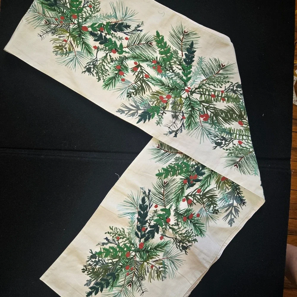 Crate & Barrel Winter Sprig Embroidered Table Runner 14x120in Holiday Christmas